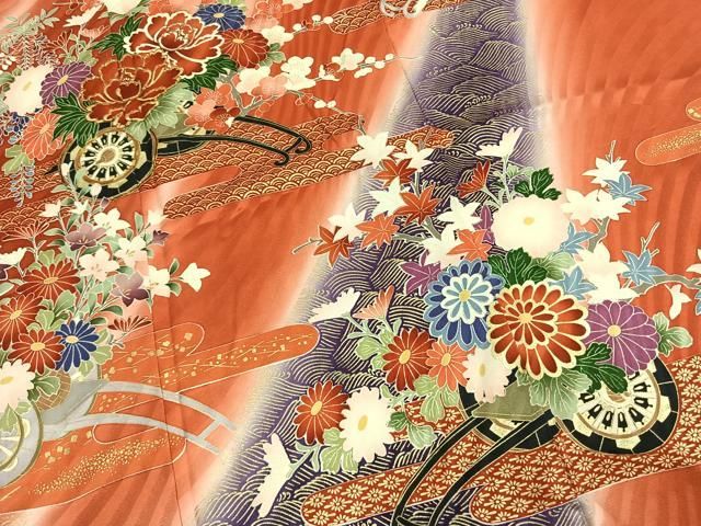 平和屋着物●豪華振袖　駒刺繍　片輪車花文　暈し染め　金彩　正絹　逸品　AABN4050fy