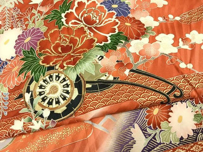 平和屋着物●豪華振袖　駒刺繍　片輪車花文　暈し染め　金彩　正絹　逸品　AABN4050fy