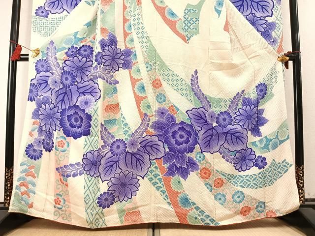 平和屋着物●名門　藤娘きぬたや・総絞り(杢目絞り)　振袖　熨斗花文　正絹　逸品　AABN4051fy
