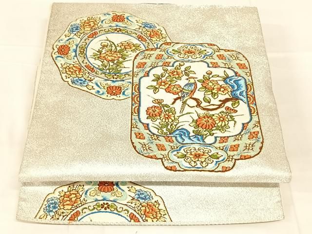 平和屋着物◎六通柄袋帯　唐織　花鳥絵皿文　銀糸　正絹　逸品　AABN4081dk