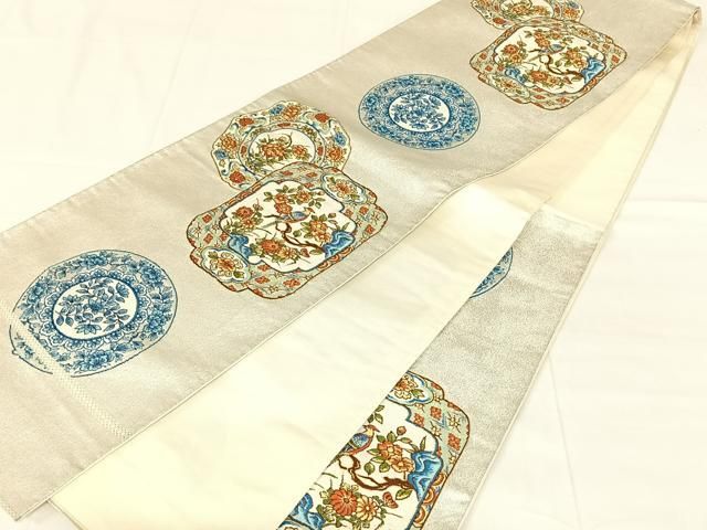 平和屋着物◎六通柄袋帯　唐織　花鳥絵皿文　銀糸　正絹　逸品　AABN4081dk