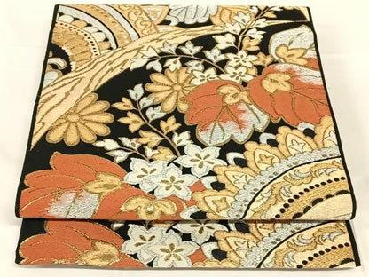 平和屋着物◎六通柄　本袋帯　唐織　吉祥花文　黒地　金銀糸　AABN4086dk
