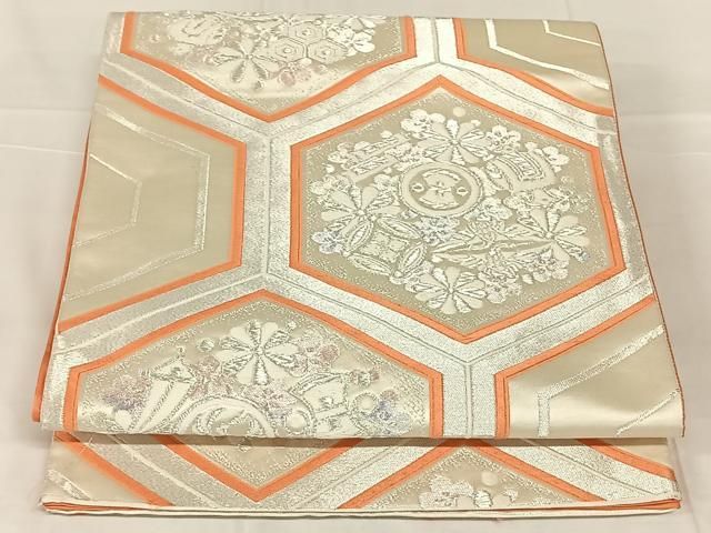 平和屋着物◎六通柄袋帯　亀甲花文　銀糸　正絹　逸品　AABN4087dk