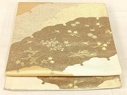 平和屋着物◎六通柄袋帯　雪輪花鳥文　金糸　正絹　逸品　AABN4098dk