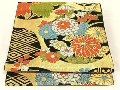 平和屋着物◎六通柄　京袋帯　唐織　桐　黒地　金糸　正絹　逸品　AABN4103dk
