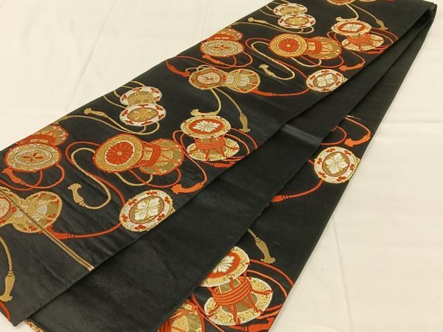 平和屋着物◎六通柄袋帯　唐織　花鼓文　黒地　金銀糸　正絹　逸品　AABN4106dk
