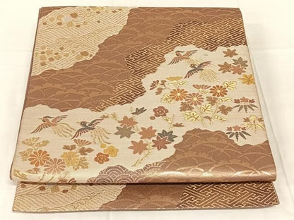 平和屋着物◎六通柄袋帯　花鳥文　金銀糸　三越扱い　正絹　逸品　AABN4129dk