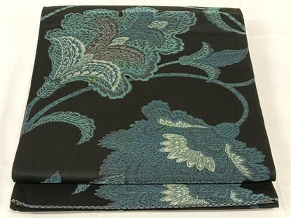 平和屋着物◎六通柄袋帯　更紗花文　銀糸　正絹　逸品　AABN4131dk