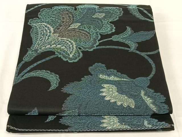 平和屋着物◎六通柄袋帯　更紗花文　銀糸　正絹　逸品　AABN4131dk