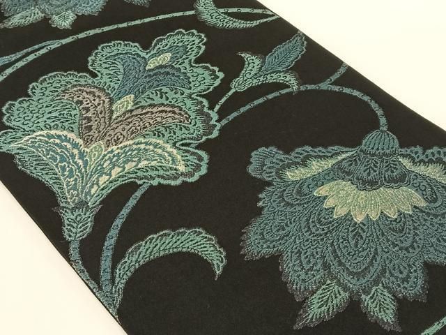 平和屋着物◎六通柄袋帯　更紗花文　銀糸　正絹　逸品　AABN4131dk