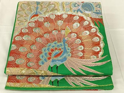 平和屋着物◎六通柄袋帯　唐織　孔雀文　金糸　正絹　逸品　AABN4132dk
