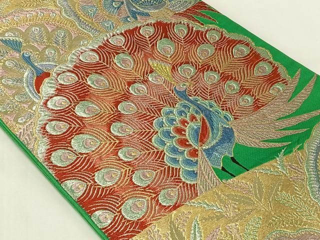 平和屋着物◎六通柄袋帯　唐織　孔雀文　金糸　正絹　逸品　AABN4132dk
