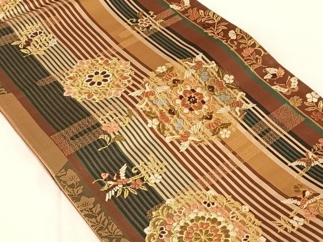 平和屋着物◎六通柄袋帯　唐織　花鳥文　金糸　正絹　逸品　AABN4140dk