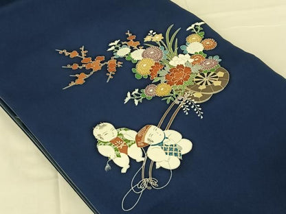 平和屋着物◎塩瀬　太鼓柄袋帯　花車文　唐子　正絹　逸品　AABN4144dk