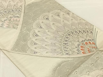 平和屋着物◎六通柄袋帯　唐織　孔雀羽文　銀糸　正絹　逸品　AABN4154dk