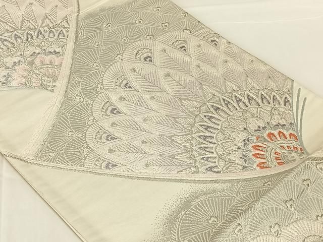 平和屋着物◎六通柄袋帯　唐織　孔雀羽文　銀糸　正絹　逸品　AABN4154dk