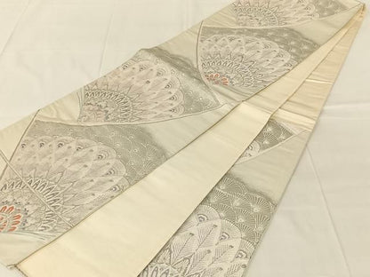 平和屋着物◎六通柄袋帯　唐織　孔雀羽文　銀糸　正絹　逸品　AABN4154dk