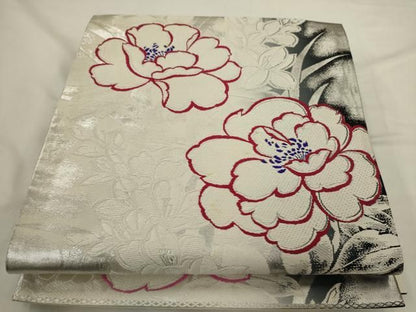 平和屋着物◎両面　全通柄袋帯　唐織　草花文　銀糸　正絹　逸品　AABN4185ps