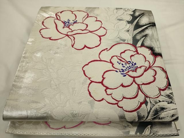 平和屋着物◎両面　全通柄袋帯　唐織　草花文　銀糸　正絹　逸品　AABN4185ps