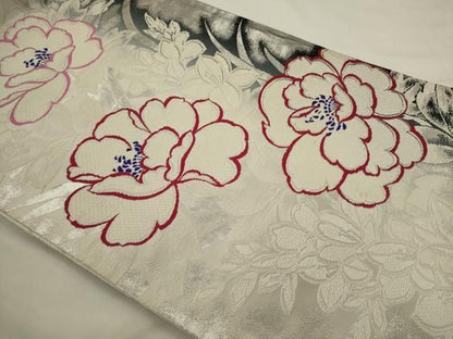 平和屋着物◎両面　全通柄袋帯　唐織　草花文　銀糸　正絹　逸品　AABN4185ps