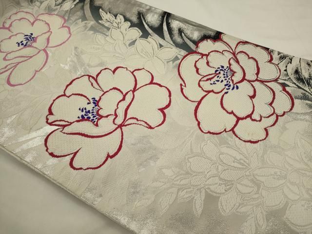 平和屋着物◎両面　全通柄袋帯　唐織　草花文　銀糸　正絹　逸品　AABN4185ps