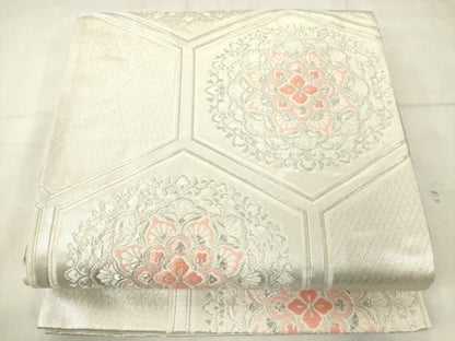 平和屋着物◎六通柄袋帯　唐織　亀甲花文　銀糸　正絹　逸品　AABN4268ps
