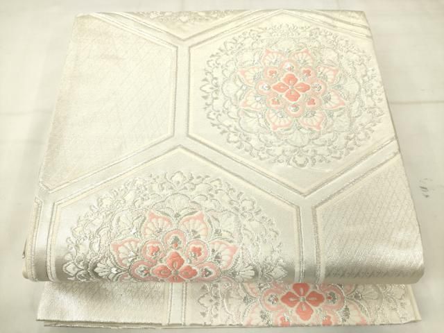 平和屋着物◎六通柄袋帯　唐織　亀甲花文　銀糸　正絹　逸品　AABN4268ps
