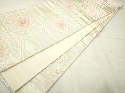 平和屋着物◎六通柄袋帯　唐織　亀甲花文　銀糸　正絹　逸品　AABN4268ps