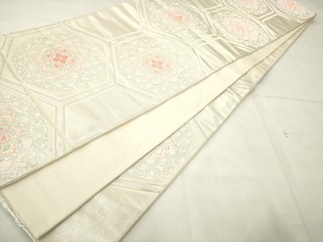 平和屋着物◎六通柄袋帯　唐織　亀甲花文　銀糸　正絹　逸品　AABN4268ps