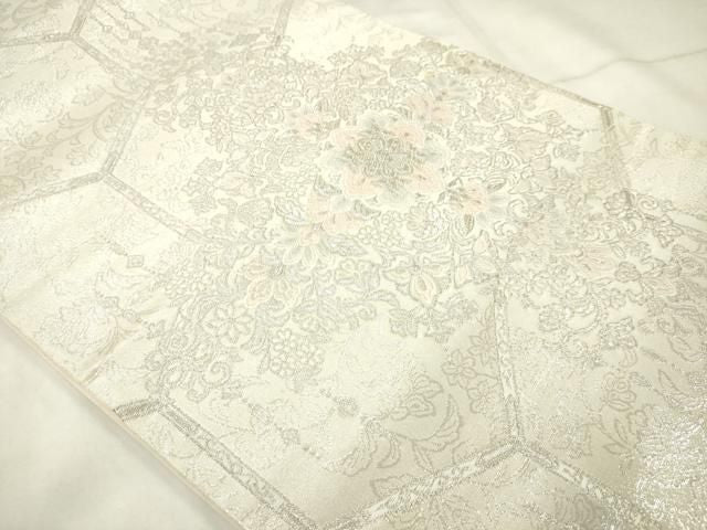 平和屋着物◎六通柄袋帯　唐織　亀甲花文　銀糸　正絹　逸品　AABN4271ps