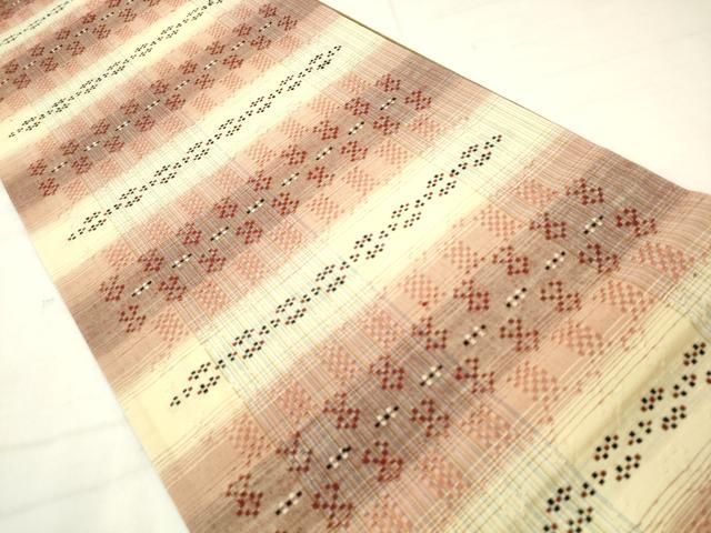 平和屋着物●両面全通柄袋帯　紬地　花織　横段文　間道　正絹　逸品　AABN4321pf
