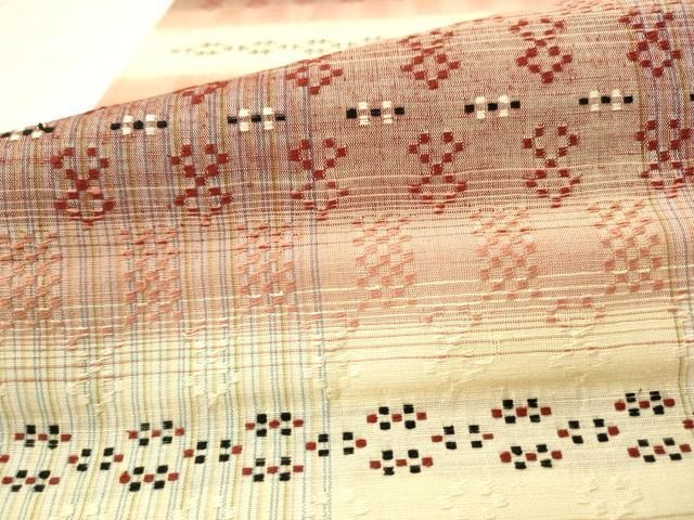 平和屋着物●両面全通柄袋帯　紬地　花織　横段文　間道　正絹　逸品　AABN4321pf