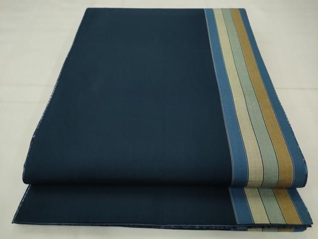 平和屋着物●両面全通柄袋帯　杢目絞り　藍　横段文　間道　正絹　逸品　AABN4329pf