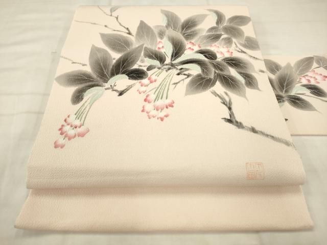 平和屋着物●九寸名古屋帯　作家物　手描き　枝花文　鬼しぼ縮緬　正絹　逸品　AABN4363pf