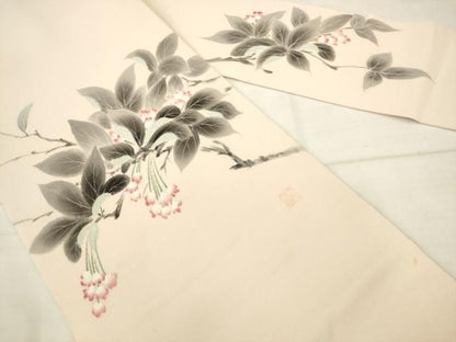 平和屋着物●九寸名古屋帯　作家物　手描き　枝花文　鬼しぼ縮緬　正絹　逸品　AABN4363pf