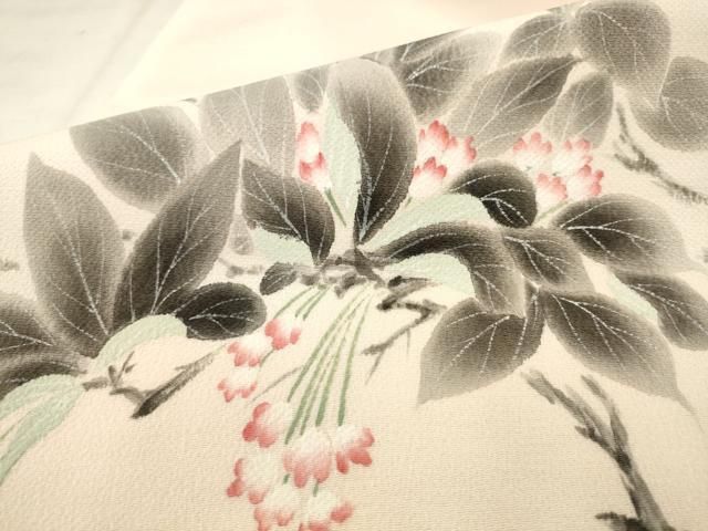 平和屋着物●九寸名古屋帯　作家物　手描き　枝花文　鬼しぼ縮緬　正絹　逸品　AABN4363pf