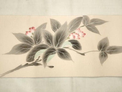 平和屋着物●九寸名古屋帯　作家物　手描き　枝花文　鬼しぼ縮緬　正絹　逸品　AABN4363pf