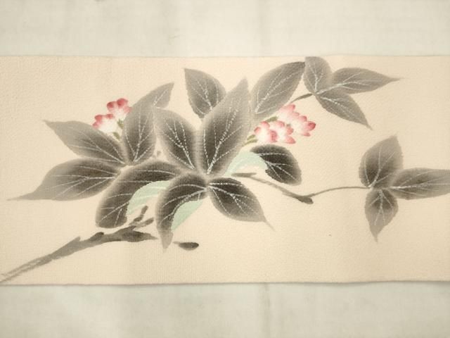 平和屋着物●九寸名古屋帯　作家物　手描き　枝花文　鬼しぼ縮緬　正絹　逸品　AABN4363pf