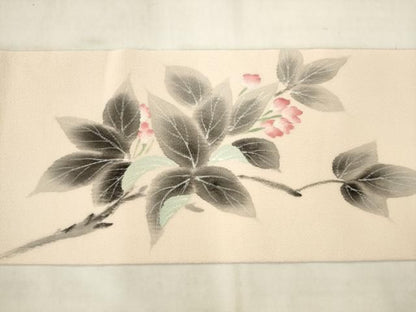平和屋着物●九寸名古屋帯　作家物　手描き　枝花文　鬼しぼ縮緬　正絹　逸品　AABN4363pf