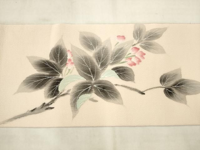 平和屋着物●九寸名古屋帯　作家物　手描き　枝花文　鬼しぼ縮緬　正絹　逸品　AABN4363pf