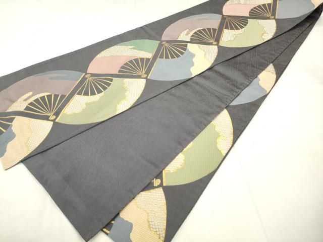平和屋着物●六通柄袋帯　扇面文　金糸　正絹　逸品　AABN4372pf