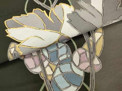 平和屋着物●六通柄袋帯　草花文　黒地　金糸　正絹　逸品　AABN4375pf