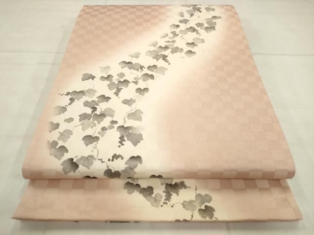 平和屋着物●六通柄袋帯　手描き　流水葡萄蔦の葉文　正絹　逸品　AABN4381pf