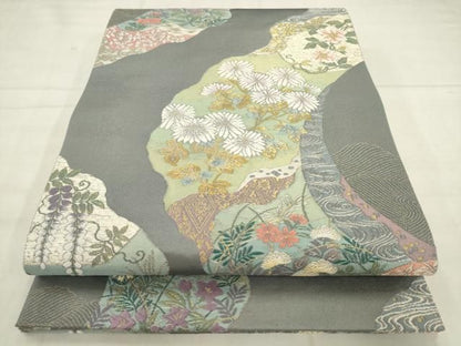 平和屋着物●六通柄袋帯　唐織　流水草花文　金銀糸　正絹　逸品　AABN4390pf