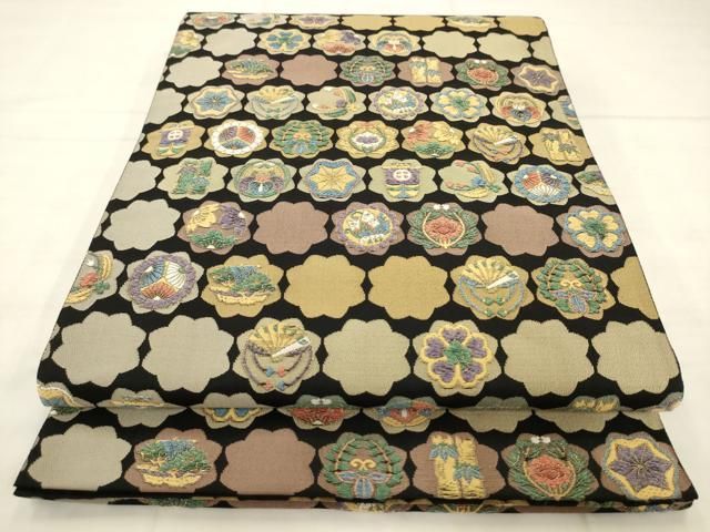 平和屋着物●六通柄袋帯　王朝華文集　黒地　金糸　正絹　逸品　AABN4399pf