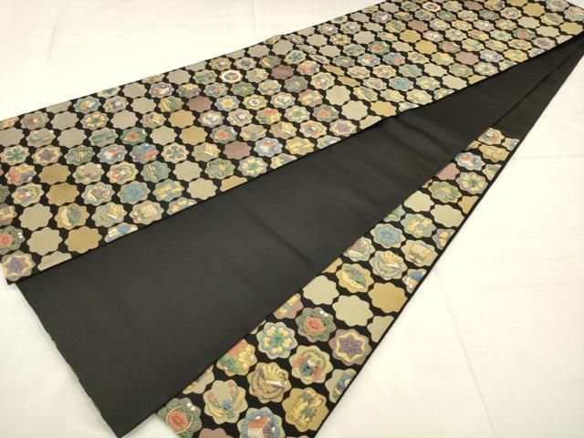 平和屋着物●六通柄袋帯　王朝華文集　黒地　金糸　正絹　逸品　AABN4399pf