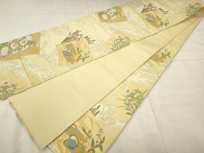 平和屋着物●六通柄袋帯　唐織　虎文錦　色紙秀華文　金糸　正絹　逸品　AABN4402pf