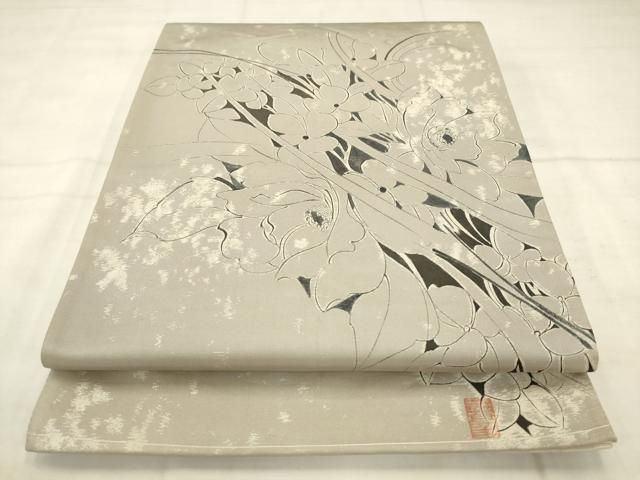 平和屋着物●太鼓柄袋帯　作家物　草花文　銀糸　正絹　逸品　AABN4404pf
