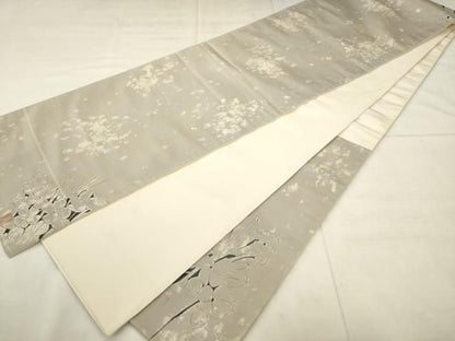 平和屋着物●太鼓柄袋帯　作家物　草花文　銀糸　正絹　逸品　AABN4404pf