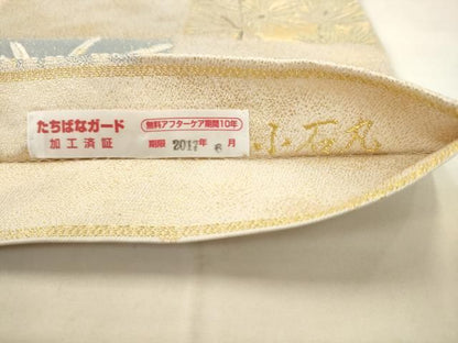 平和屋着物●両面六通柄　本袋帯　高野槇　小石丸　市松草花文　流水舞桜文　金銀糸　金銀糸　正絹　逸品　AABN4410pf